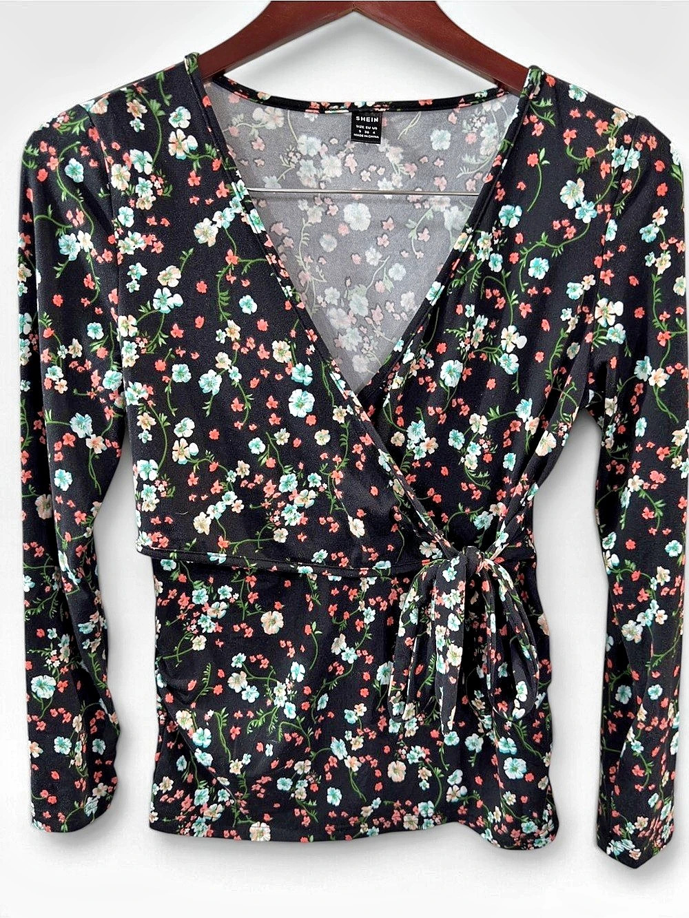 SHEIN Black Floral Tie Side Wrap Top Floral Blouse